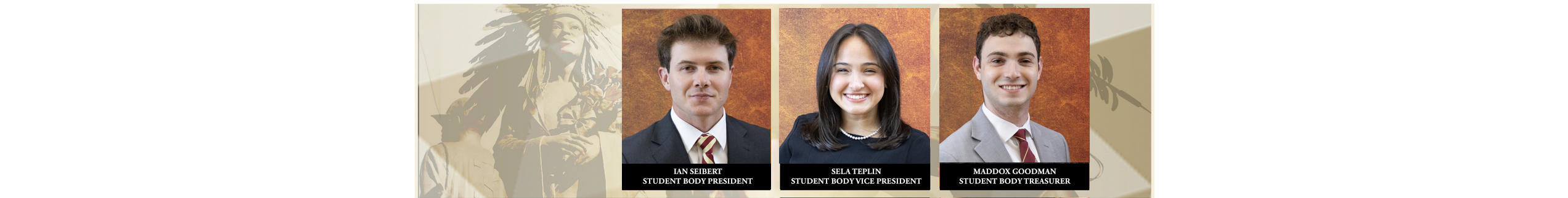 executive branch header with photographs of Ian Seibert, Sela Teplin, and Maddox Goodman