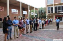 long line of students waiting outside