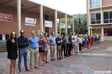 long line of students waiting outside