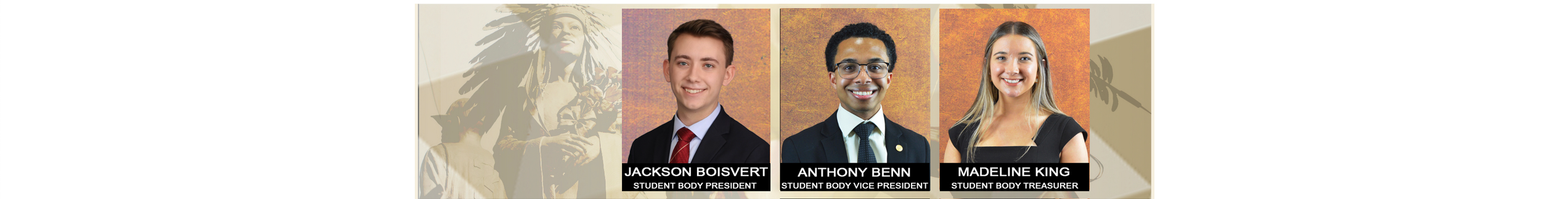 executive branch header with photographs of Jackson Boisvert, Anthony Benn, and Madeline King