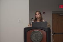 person standing behind a podium giving a presentation