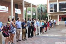 long line of students waiting outside