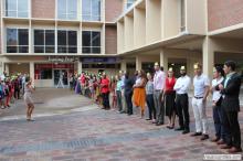 long line of students waiting outside