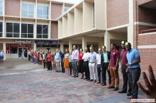 long line of students waiting outside