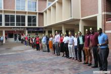 long line of students waiting outside